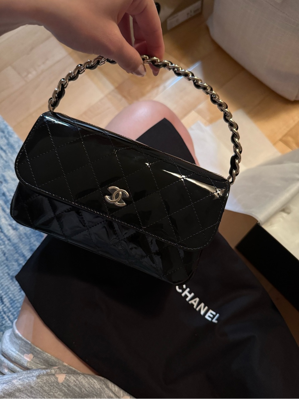 CHANEL Black Patent Quilted Shoulder Bag with Chain Handle
